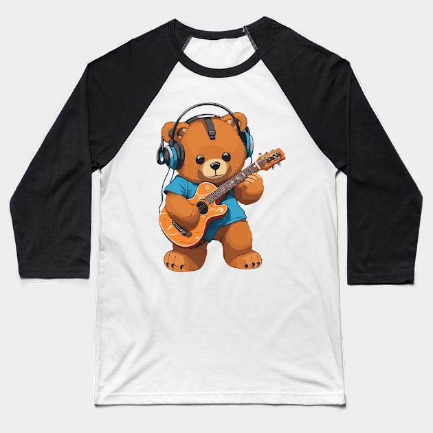 Bear Play Guitar Baseball T-Shirt by ReaBelle